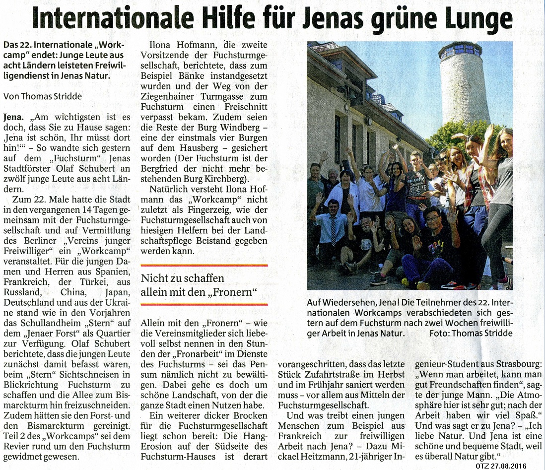 OTZ-Artikel 27.08.2016 zum Internationaneln Workcamp auf dem Fuchsturm